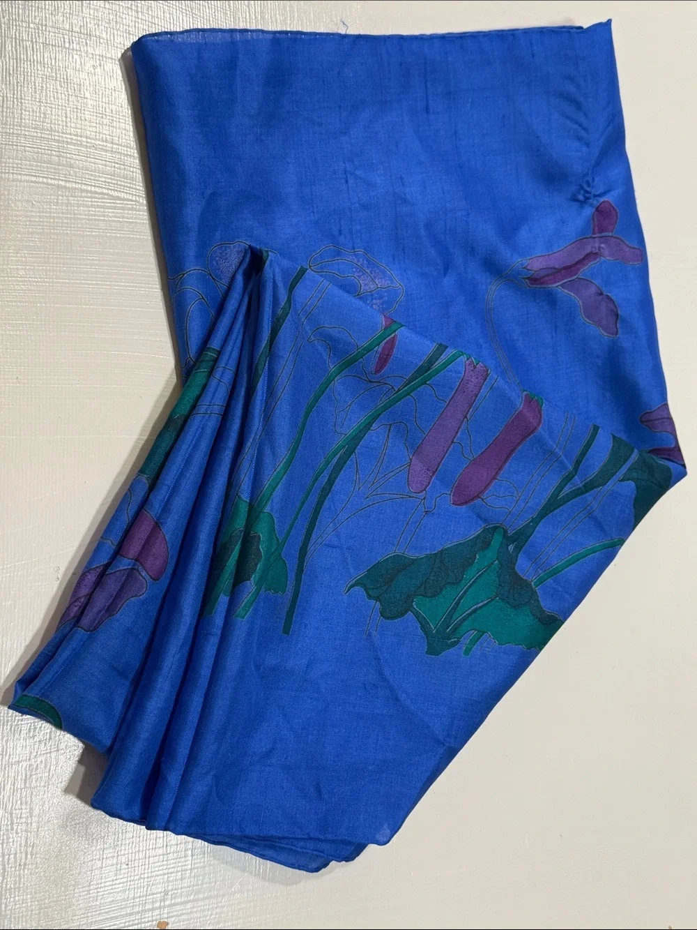 Vibrant Blue Floral Silk Scarf block printed stunning 35” by 36”